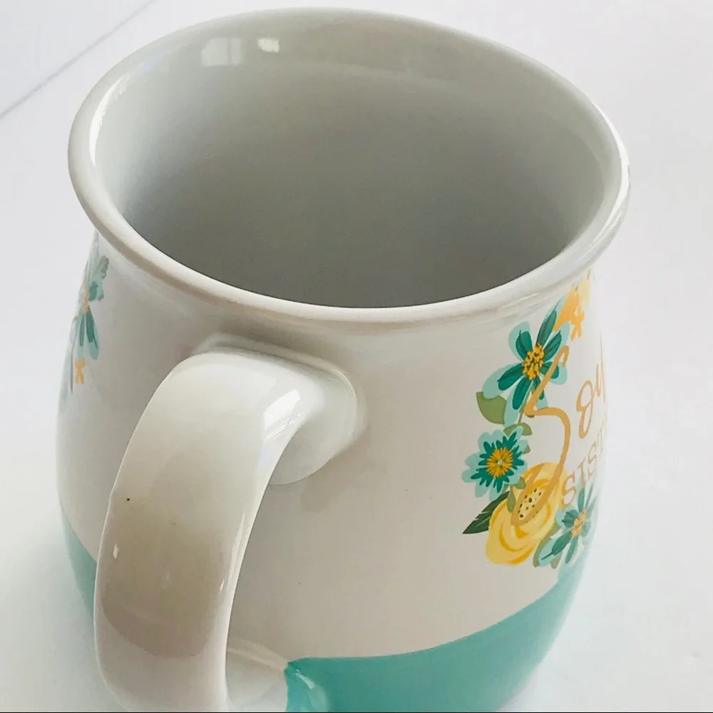 Boston Warehouse Soul Sister Belly Mug Floral Blue Green Cream Flowers Turquoise